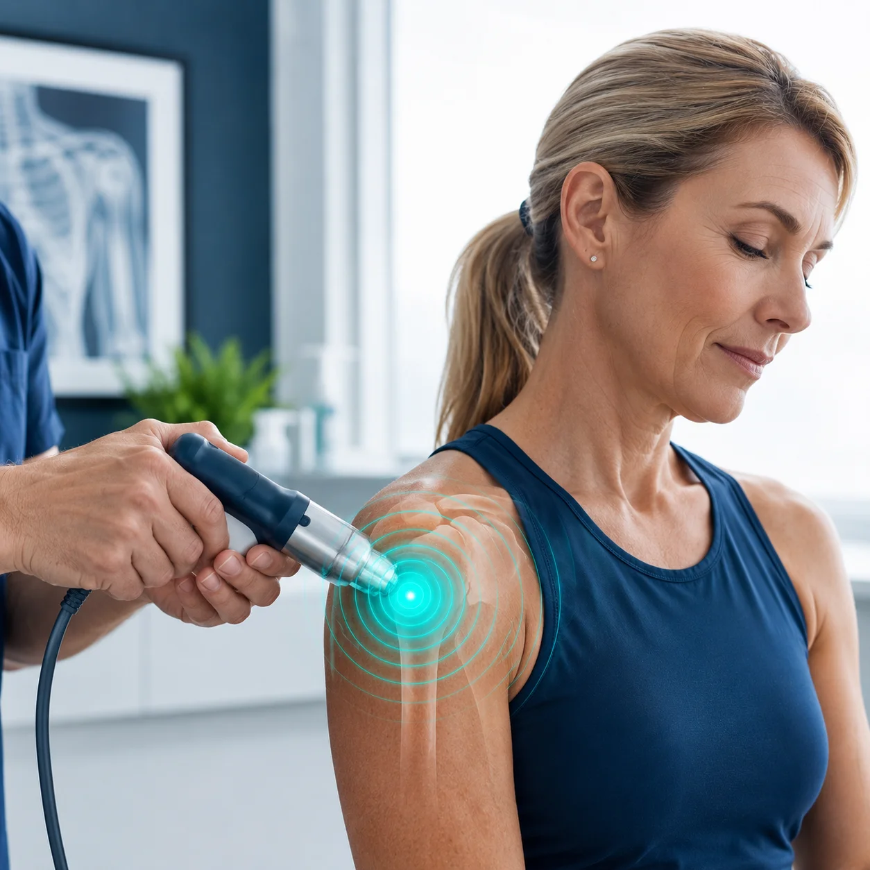 Shockwave therapy applied to frozen shoulder with teal wave effect